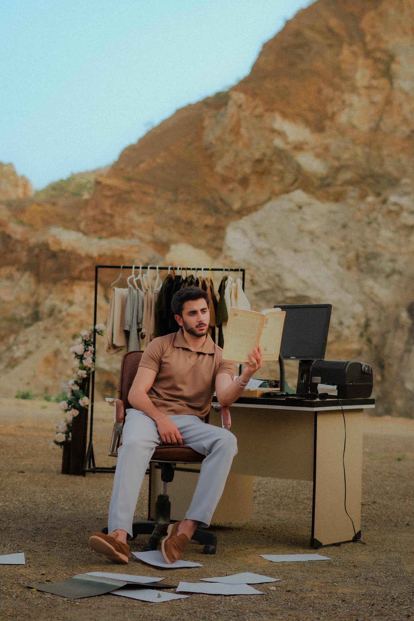 Coffee V-Neck Waffle Knit Polo