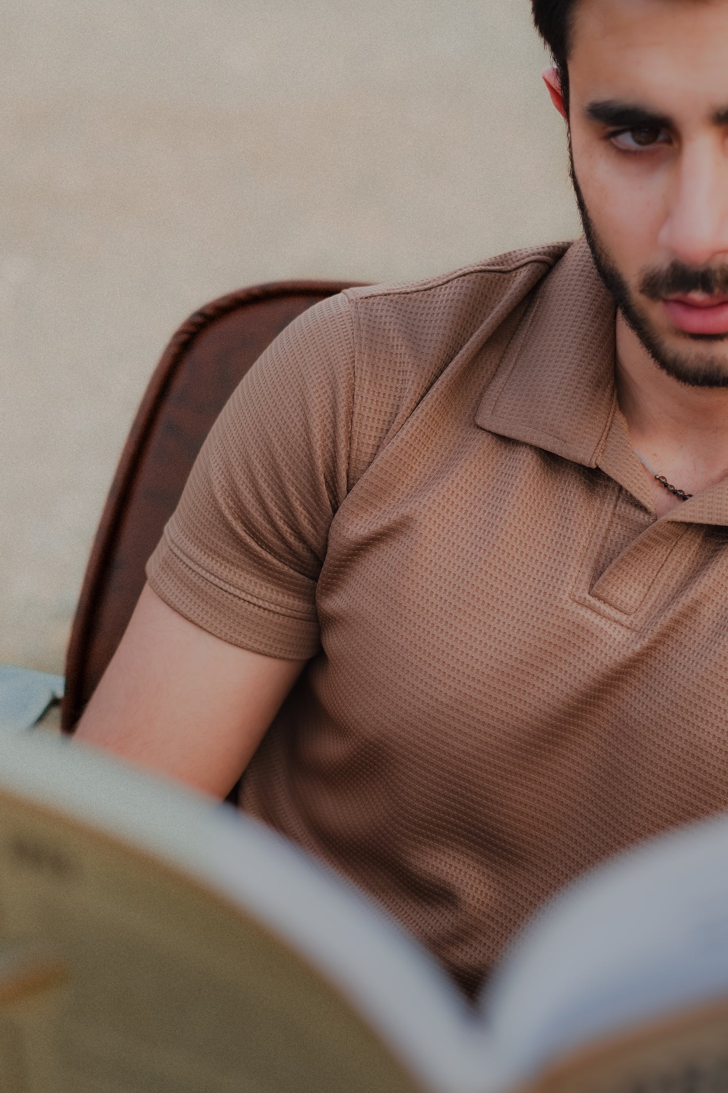 Coffee V-Neck Waffle Knit Polo