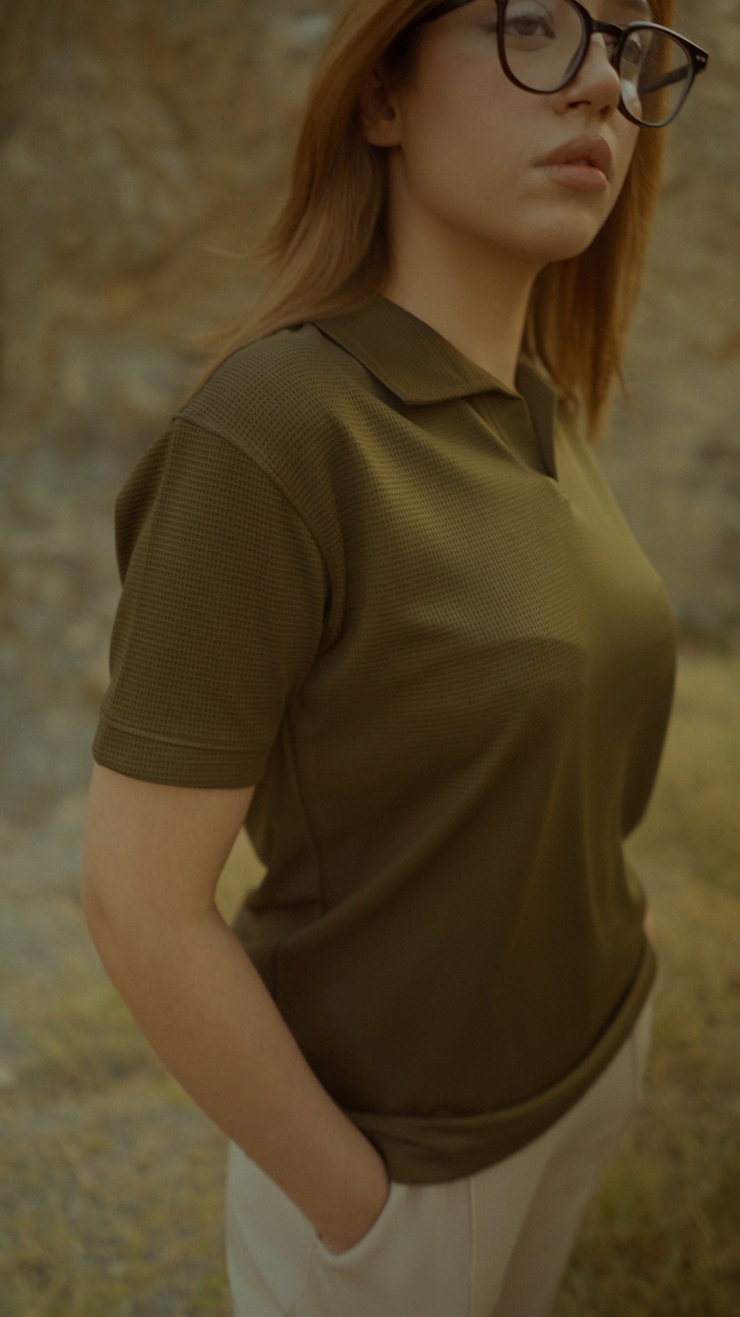 Olive Green V-Neck Waffle Knit Polo