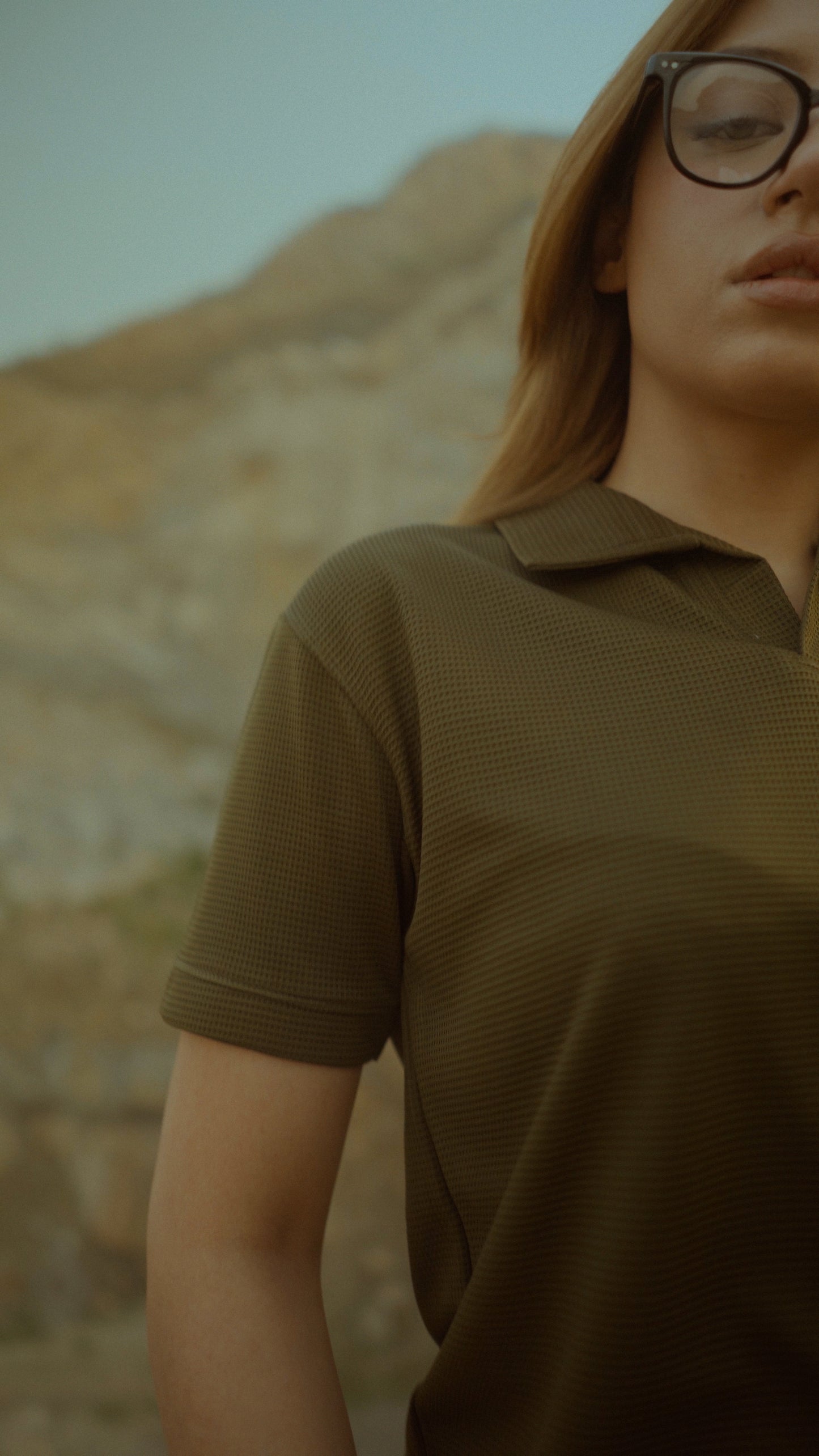 Olive Green V-Neck Waffle Knit Polo