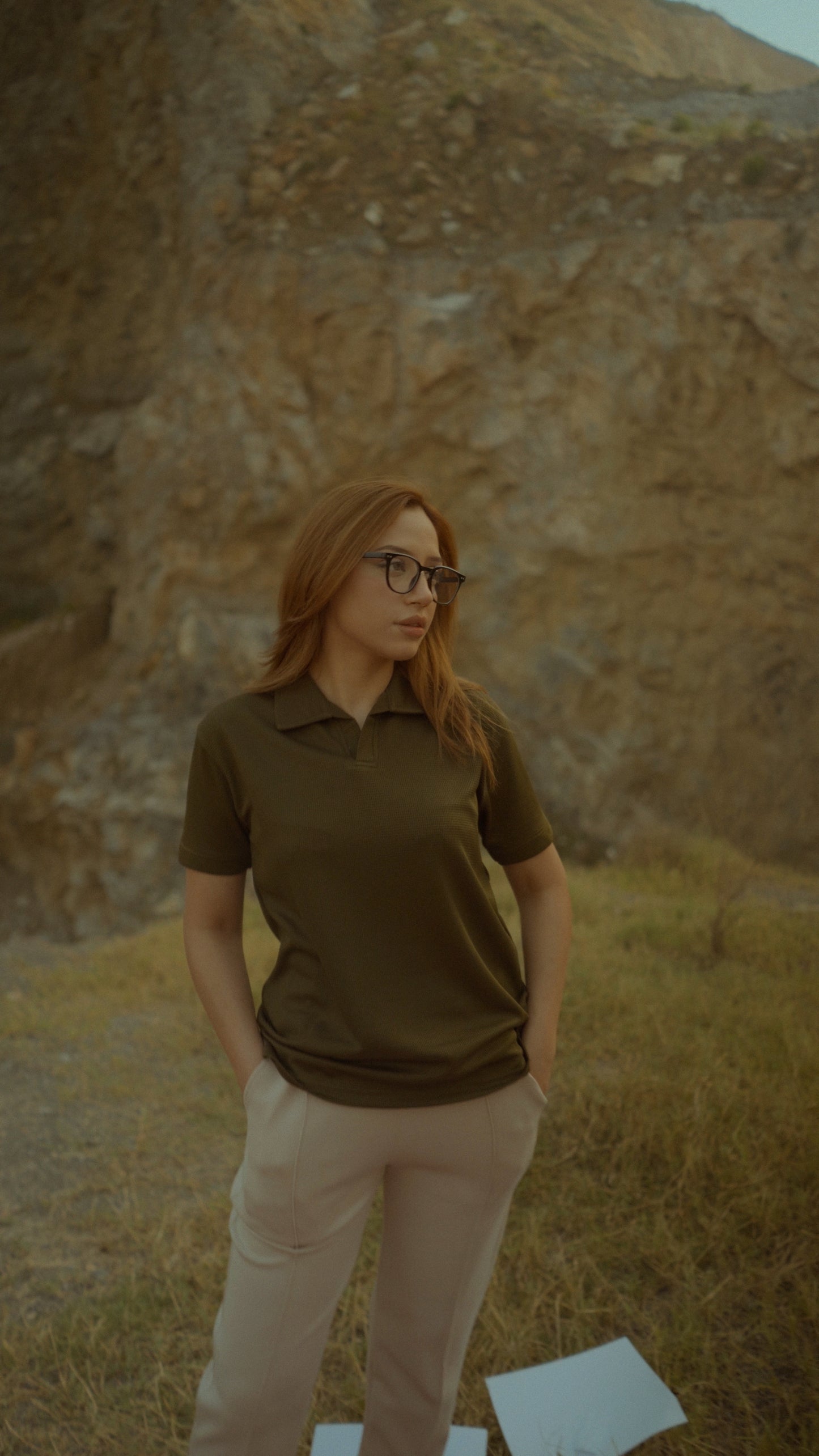 Olive Green V-Neck Waffle Knit Polo