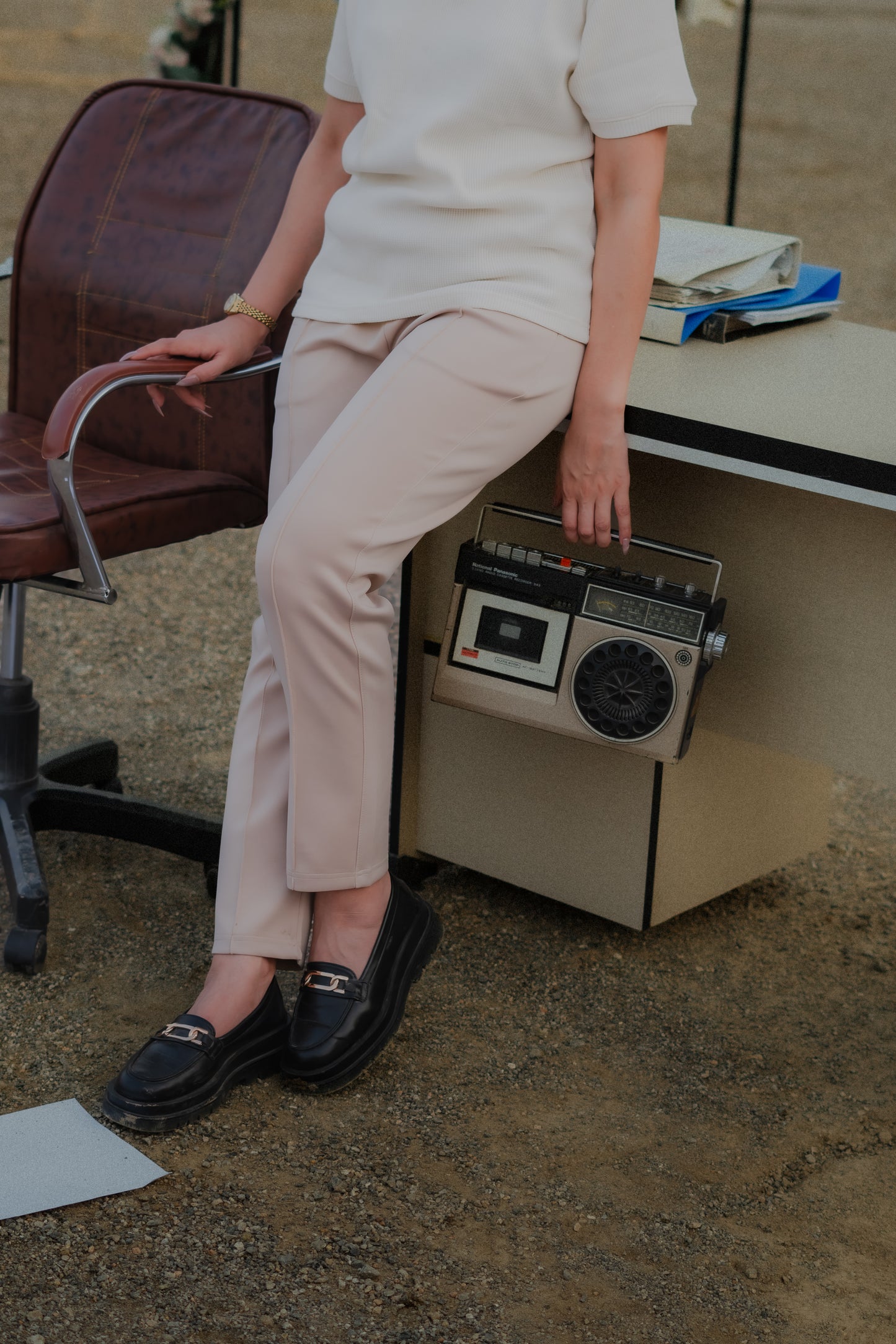 Beige Pleated Scuba Trousers