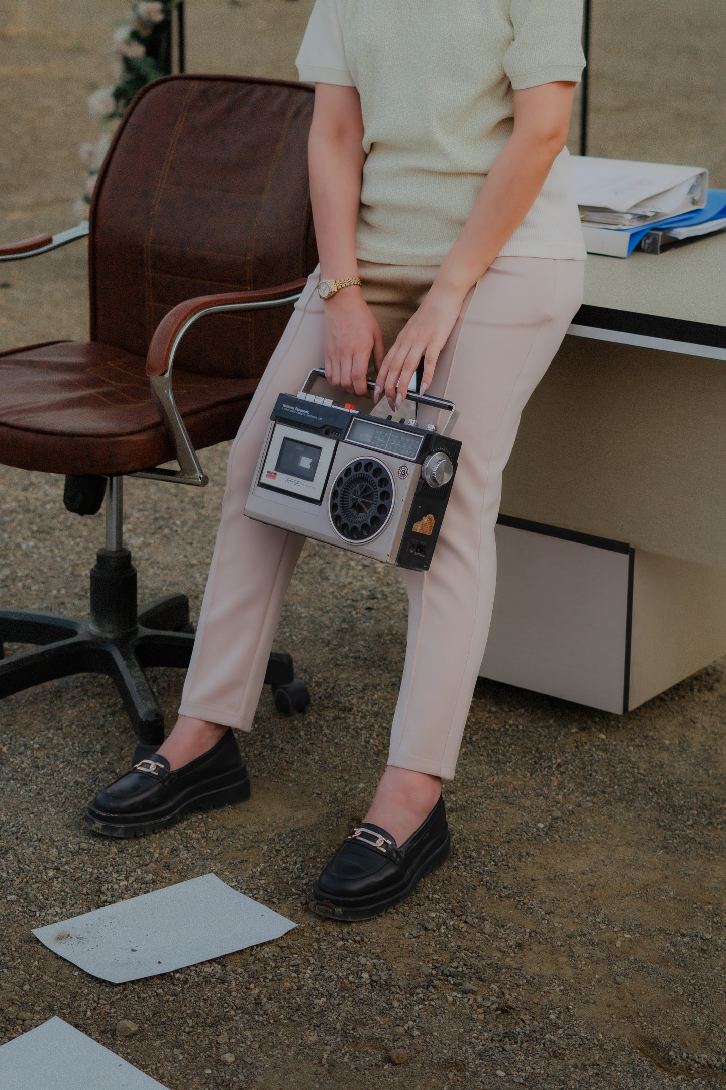 Beige Pleated Scuba Trousers