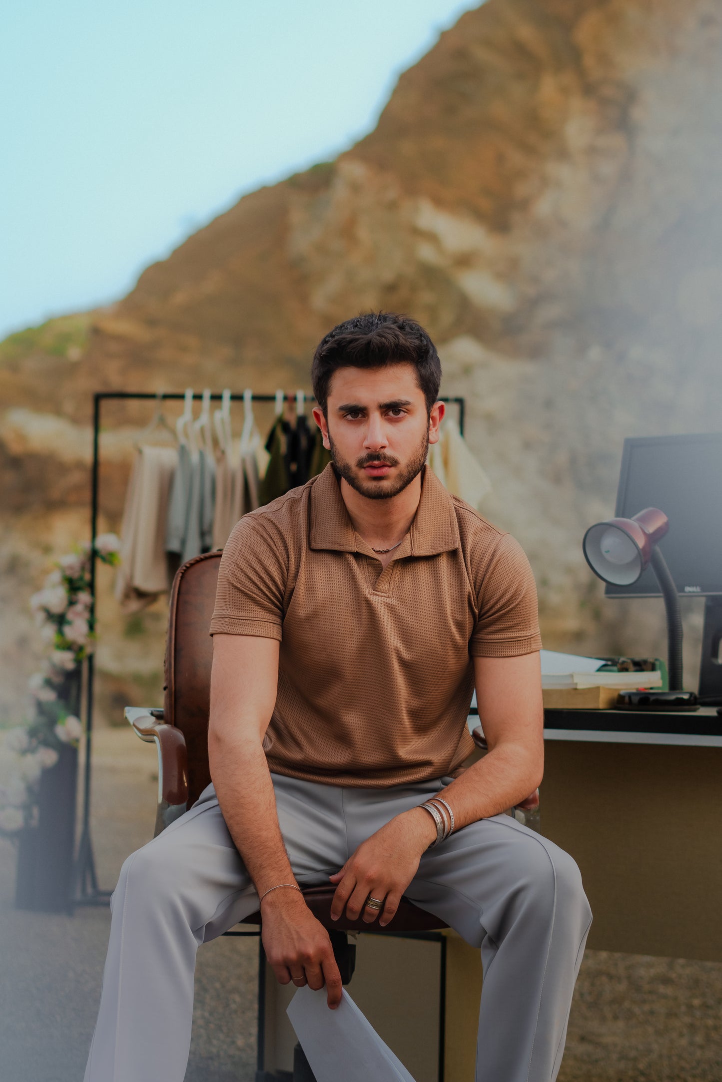 Coffee V-Neck Waffle Knit Polo