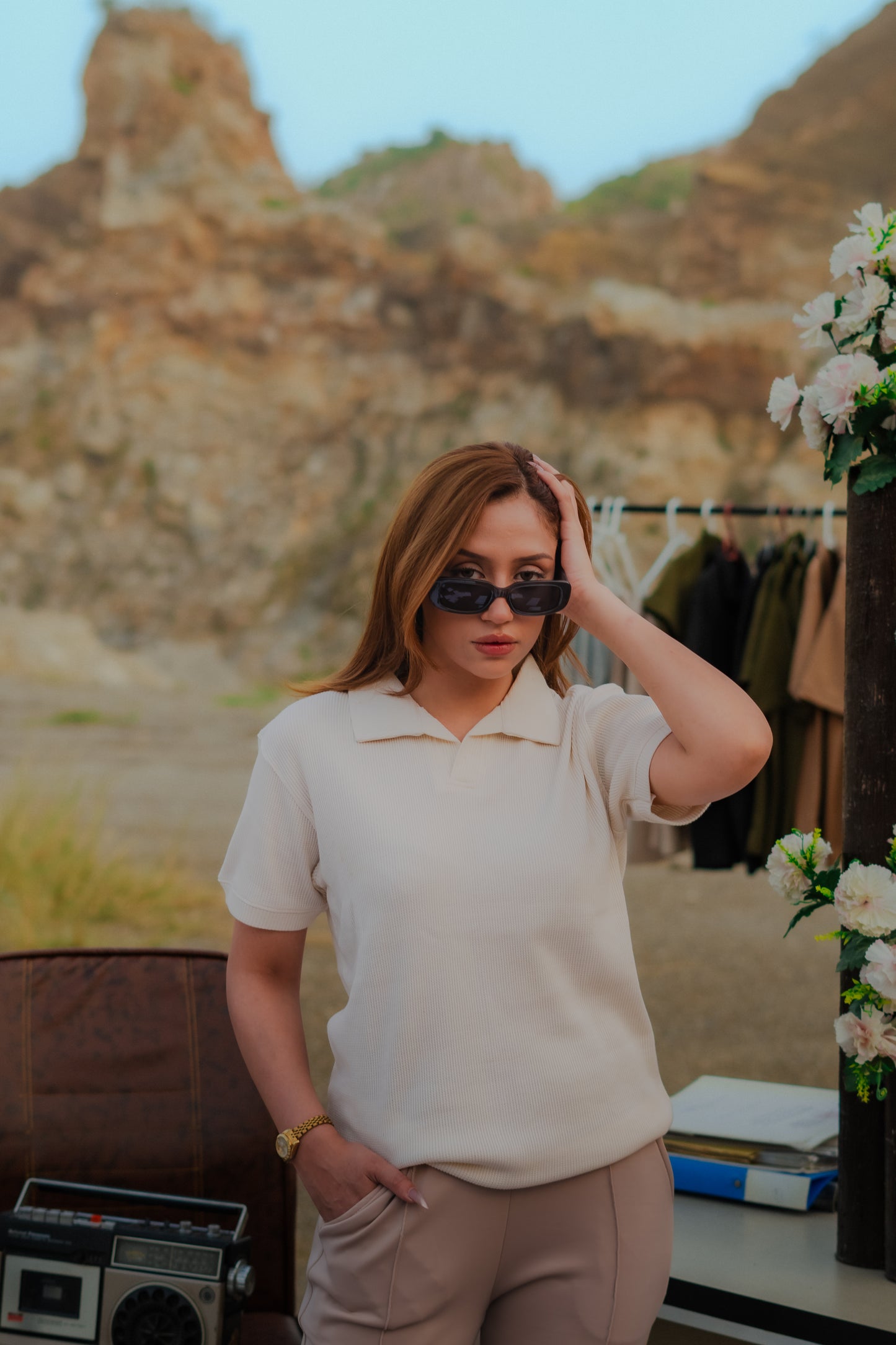 Off-White V-Neck Thermal Knit Polo
